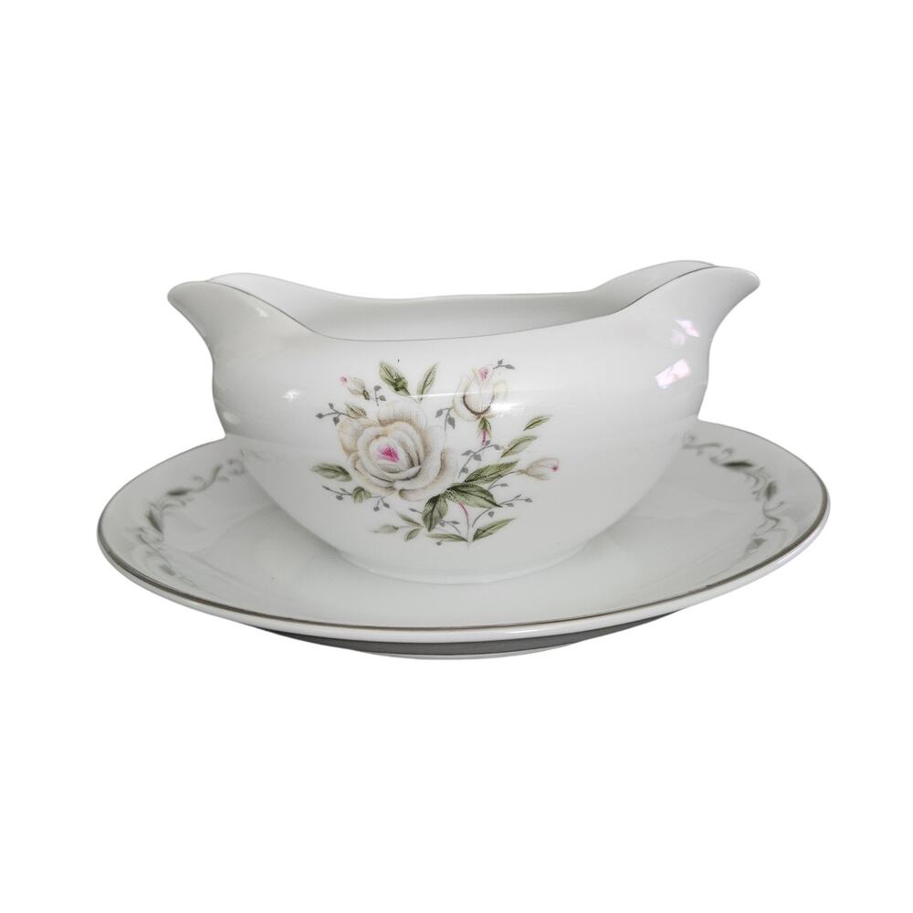 Vintage Romance Diamond China Japan Gravy Boat Attached Underplate Floral